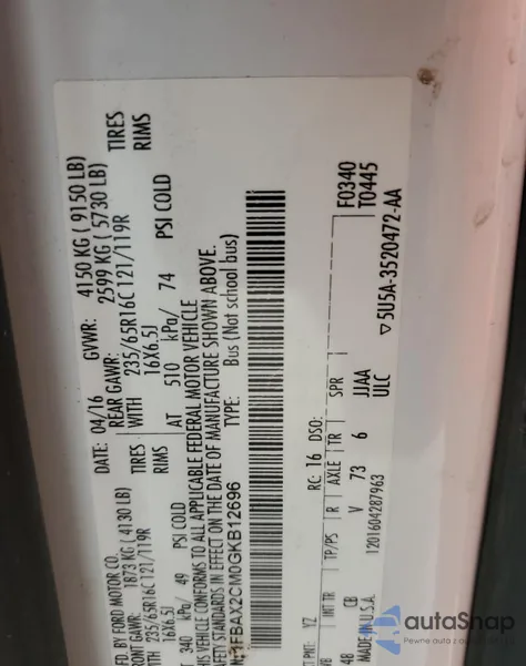 2016 Ford Transit T-350 z USA, uszkodzony, nr VIN 1FBAX2CM0GKB12696